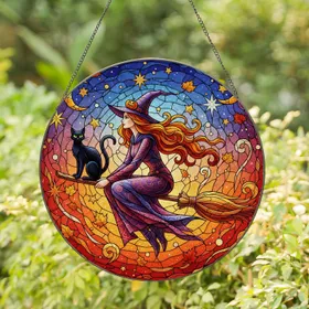 Graceful Witch Black Cat Riding Broomstick Stars Moons Autumn Leaves - Fantasy Home Decor Gift Stained Glass Suncatcher