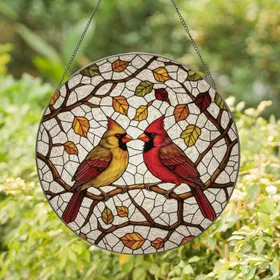 Cardinal Pair Autumn Leaves Branch - Home Decor Gift for Bird Lovers Stained Glass Suncatcher