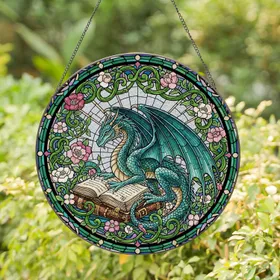 Blue Green Dragon Ancient Book Vines Blossoms - Home Decor Gift for Dragon Lover Stained Glass Suncatcher