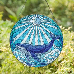 Blue Whale Sun Ocean Swirling Currents Foliage Home Decor Gift for Marine Life Lover Stained Glass Suncatcher