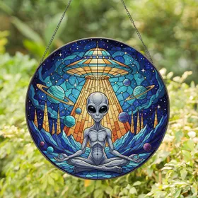 Grey Alien Flying Saucer Cosmic Planets - Home Decor Gift for Alien Lover Stained Glass Suncatcher