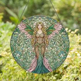 Blonde Fairy Woman Teal Green Wings Lush Botanical Forest - Fantasy Home Decor Gift Stained Glass Suncatcher