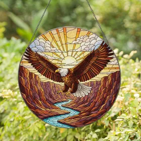 Bald Eagle Canyon River Sunset - Wildlife Lover Home Decor Gift Stained Glass Suncatcher