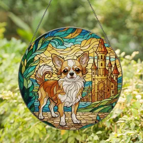 Chihuahua Dog Castle Tower Mosaic Landscape - Dog Lover Pet Owner Home Decor Gift Stained Glass Suncatcher