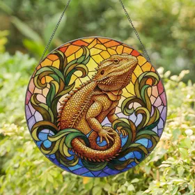 Bearded Dragon Spiky Scales Foliage - Reptile Lover Home Decor Gift Stained Glass Suncatcher