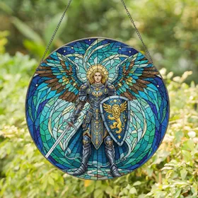 Archangel Warrior Lion Shield Golden Filigree Armor Wings Celestial Background - Home Decor Gift Stained Glass Suncatcher