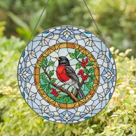 American Robin Stained Glass Berries Branches Amber Gold Border Home Decor Gift for Bird Lover Stained Glass Suncatcher