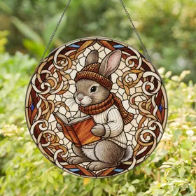 Bunny Reading Book Beanie Scarf Vines - Thoughtful Home Decor Gift for Book & Bunny Lovers Stained Glass Suncatcher