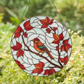 Colorful Perched Bird Branch Red Berries Swirling Glass - Nature Lover Home Decor Gift Stained Glass Suncatcher