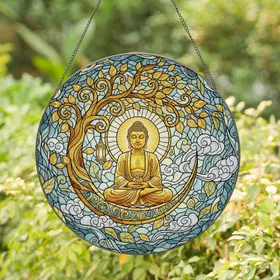 Golden Buddha Crescent Moon Tree Lantern - Home Decor Gift for Yoga Lover Stained Glass Suncatcher