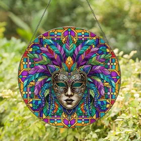 Ornate Jeweled Venetian Carnival Mask Flamboyant Feathers - Home Decor Gift for Mask Lover Stained Glass Suncatcher
