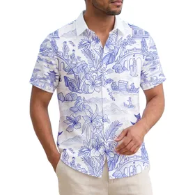 East Asian Pagodas Figures Boats Water Scene - Traveler Home Decor Gift Hawaiian Shirt