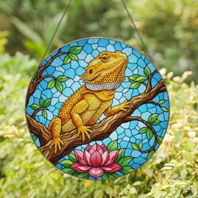 Bearded Dragon Lotus Tree Branch - Wildlife Lover Home Decor Gift Stained Glass Suncatcher