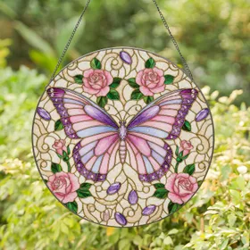 Butterfly Pink Rose Amethyst Gold - Home Decor Gift for Butterfly Lover Stained Glass Suncatcher
