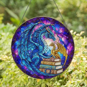 Blue Dragon Golden Dragon Ornate Books Cosmic Galaxy Home Decor Gift Stained Glass Suncatcher