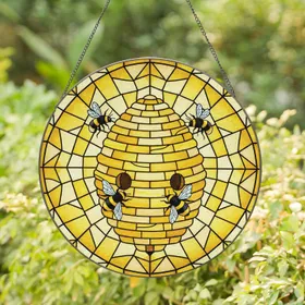 Golden Yellow Honeycomb Beehive Bumblebees - Home Decor Gift for Wildlife Lovers Stained Glass Suncatcher