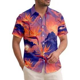 Luminous Bird of Paradise Blooms Celestial Moon Sunset Clouds Tropical Dawn Dusk - Home Decor Gift Hawaiian Shirt