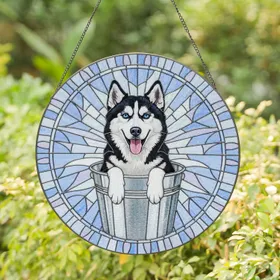 Black White Husky Dog Metal Bucket - Home Decor Gift for Dog Lovers Stained Glass Suncatcher
