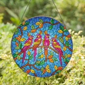 Four Tropical Birds Branch Leaves Blue Sky - Home Decor Gift for Bird Lovers Stained Glass Suncatcher