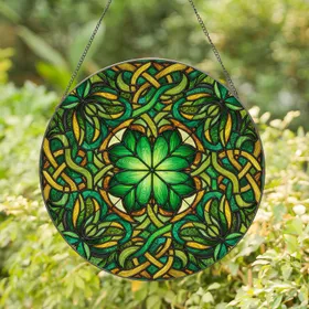 Four-Leaf Clover Celtic Knotwork Radiating Organic Abstract Leaf Home Decor Gift Stained Glass Suncatcher
