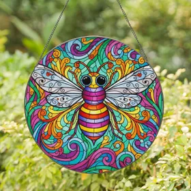 Fanciful Striped Bee Insect Floral Wings Botanical Organic Shapes - Home Decor Gift Stained Glass Suncatcher