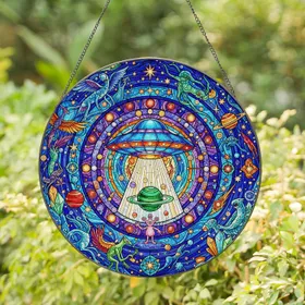 Flying Saucer Alien Planet Cosmic Mosaic - Home Decor Gift for Alien Lover Stained Glass Suncatcher