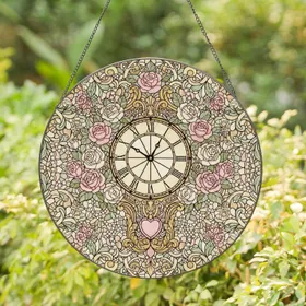 Antique Ornate Rococo Gilded Clock Roses Floral - Home Decor Gift Stained Glass Suncatcher