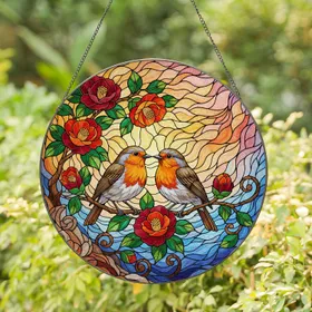 Two European Robins Blossoming Branch Camellia Flowers - Wildlife Home Decor Gift Stained Glass Suncatcher
