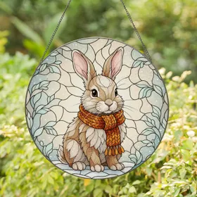 Baby Rabbit Orange Scarf Frosted Leaves - Home Decor Gift for Rabbit Lover Stained Glass Suncatcher