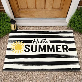 Hello Summer Greeting Sun Black Stripe - Farmhouse Entryway Warm Weather Decor Gift Doormat