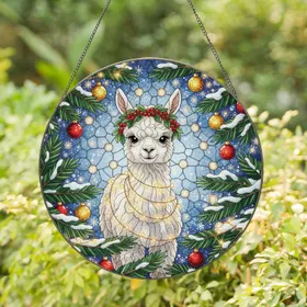 Baby Alpaca Christmas Wreath Fairy Lights - Holiday Home Decor Gift for Alpaca Lovers Stained Glass Suncatcher