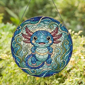 Smiling Axolotl Water Ripple Aquatic Plants - Home Decor Gift for Wildlife Lover Stained Glass Suncatcher