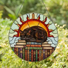 Sleeping Black Cat Orange Sun Antique Bookshelf - Home Decor Gift for Cat Lover Stained Glass Suncatcher
