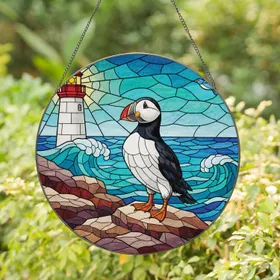 Atlantic Puffin Lighthouse Ocean Scene - Wildlife Lover Coastal Home Decor Stained Glass Suncatcher