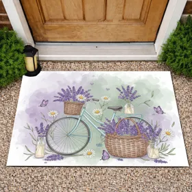 Pale Blue Bicycle Lavender Wicker Basket Daisies Butterflies - Farmhouse Home Decor Gift Doormat