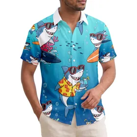 Cheerful Cartoon Sharks Tropical Ocean Surfing Lifeguard - Summer Vacation Travel Gift Hawaiian Shirt