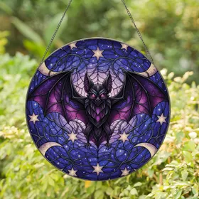 Gothic Bat Moons Stars Thorn Branches Swirling Night Sky - Home Decor Gift Stained Glass Suncatcher