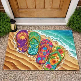 Four Colorful Flip Flops Tropical Floral Sea Creature Beach Sand Ocean Waves Home Decor Gift Doormat
