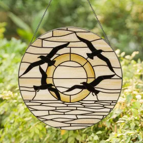 Three Silhouetted Seabirds, Setting Sun, Calm Water Seascape - Nature Lover Home Decor Gift Stained Glass Suncatcher