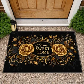 Home Sweet Home Roses Oval Ornate Foliage Abstract Ribbon Swirls - Home Decor Gift Doormat