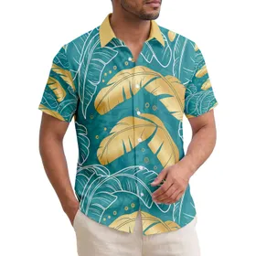 Large Teal Background Metallic Gold Banana Leaves White Outline Tropical Home Decor Gift Hawaiian Shirt