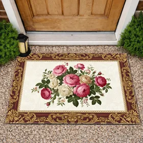 Pink Roses Cream Flowers Botanical Bouquet Baroque Gold Scrollwork Frame - Home Decor Gift Doormat