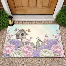 Pink Cream Peony Blue Tit Birdhouse Butterfly Garden - Sun-Dappled Home Decor Gift Doormat