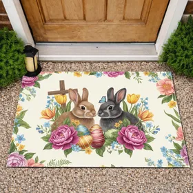 Realistic Bunnies Easter Eggs Peony Garden - Easter Spring Home Decor Gift Doormat