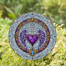Tree Heart Feathered Wings Amethyst Sapphire - Home Decor Gift Stained Glass Suncatcher