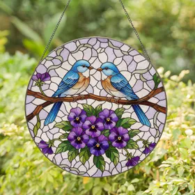 Tiffany Stained Glass Blue Birds Pansy Floral Mosaic - Home Decor Gift for Bird Lovers Stained Glass Suncatcher