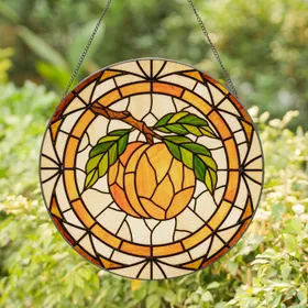 Plump Peach Apple Fruit Branch Leaves Circular Frame Radiating Lines - Home Decor Gift Stained Glass Suncatcher
