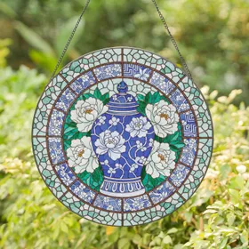 Prominent Blue White Ginger Jar Peony Blooms Mosaic Asian Foliage - Home Decor Gift Stained Glass Suncatcher