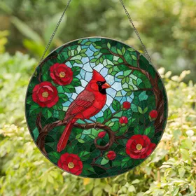 Red Cardinal Camellia Branch - Home Decor Gift for Bird Lover Stained Glass Suncatcher
