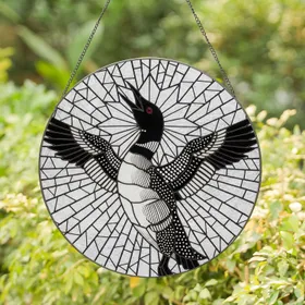 Black White Loon Widespread Wings Calling Red Eye Star Halo Wildlife Lover Gift Stained Glass Suncatcher